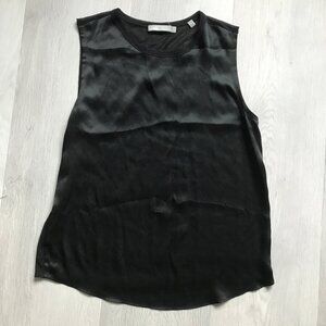 VINCE WOMENS SHIRT BLACK SATIN KNIT BACK SILK TOP SMALL